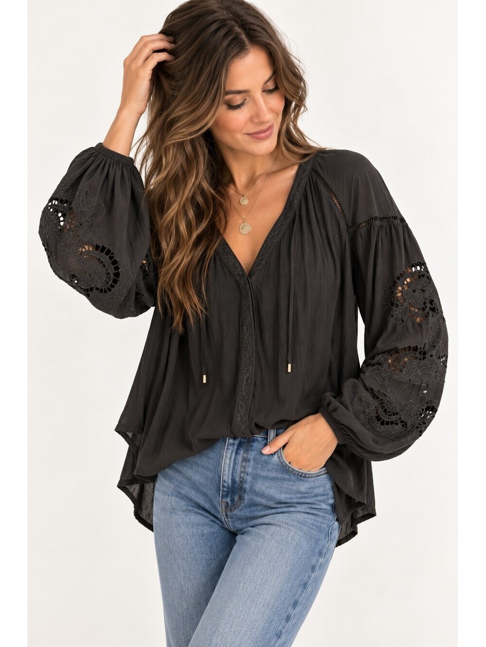 ASTR The Label Black Embroidered Cutout Balloon Sleeve Boho Flowy Blouse Small